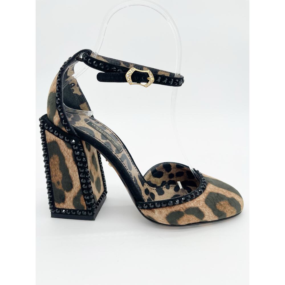 Dolce Gabbana Leopard Velvet Crystal Studded Block Heel Ankle Strap Pumps IT 36 - Picture 2 of 11